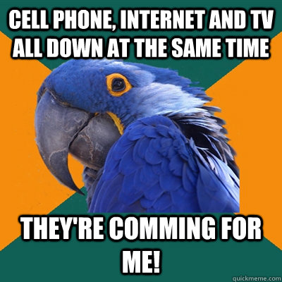 Cell phone, Internet and TV all down at the same time they're comming for me!  Paranoid Parrot