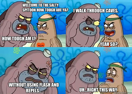 Welcome to the Salty Spitoon how tough are ya? HOW TOUGH AM I? I walk through caves.

 Without using flash and repels... Uh...Right this way Yeah so?  Salty Spitoon How Tough Are Ya