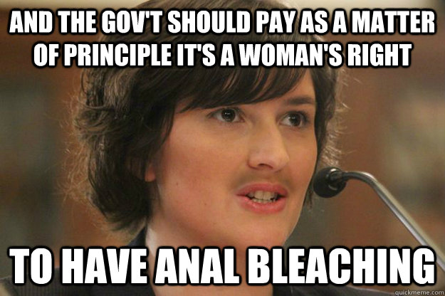 And the gov't should pay as a matter of principle it's a woman's right to have anal bleaching  Slut Sandra Fluke