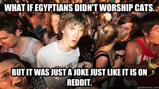 What if Egyptians didn't worship cats. But it was just a joke just like it is on Reddit.  Sudden Clarity Clarence