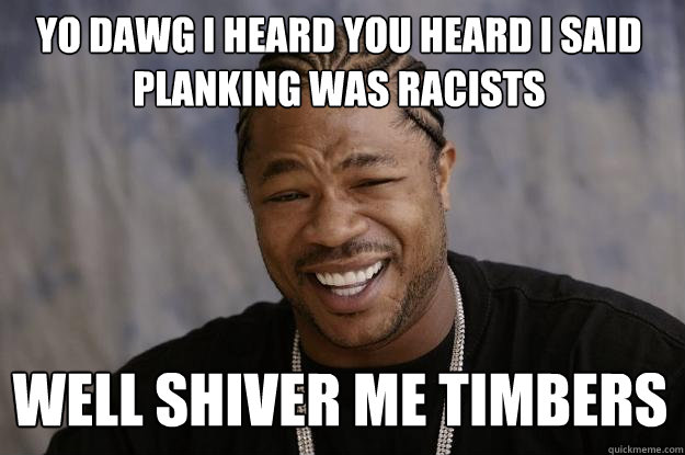 Yo dawg I heard you heard i said planking was racists  well shiver me timbers   Xzibit meme