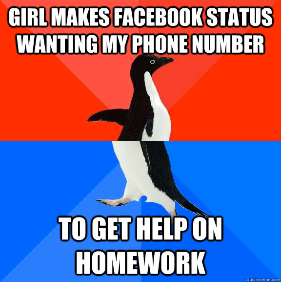 girl makes facebook status  wanting my phone number to get help on homework  Socially Awesome Awkward Penguin