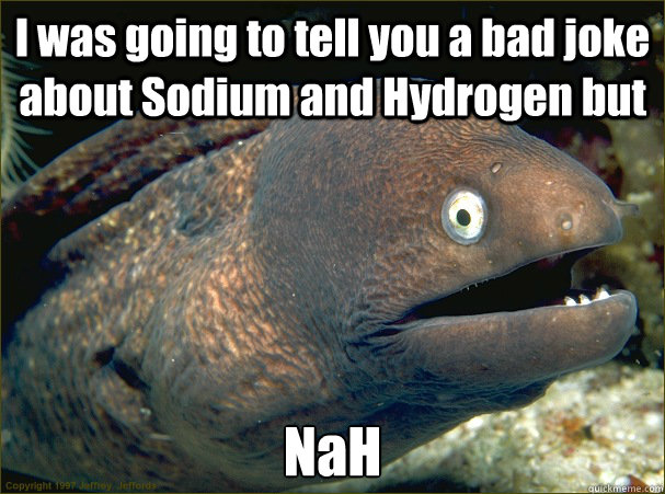 I was going to tell you a bad joke about Sodium and Hydrogen but NaH  Bad Joke Eel