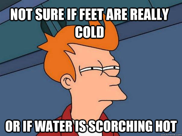 Not sure if feet are really cold or if water is scorching hot  Futurama Fry