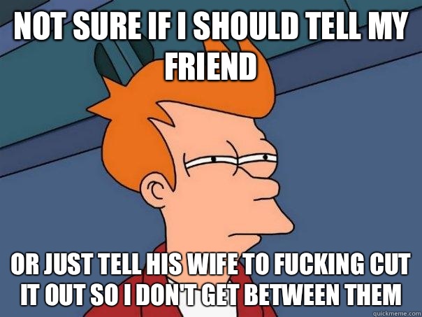 Not sure if I should tell my friend Or just tell his wife to fucking cut it out so I don't get between them  Futurama Fry