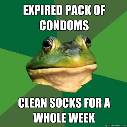 expired pack of condoms clean socks for a whole week  Foul Bachelor Frog