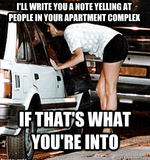 I'll write you a note yelling at people in your apartment complex if that's what you're into  Karma Whore