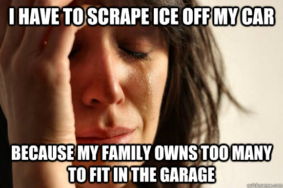 I have to scrape ice off my car Because my family owns too many to fit in the garage  First World Problems
