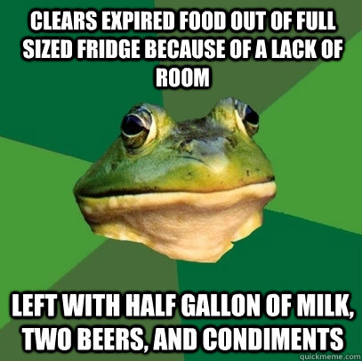 clears expired food out of full sized fridge because of a lack of room left with half gallon of milk, two beers, and condiments   Foul Bachelor Frog