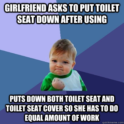 girlfriend asks to put toilet seat down after using Puts down both toilet seat and toilet seat cover so she has to do equal amount of work  Success Kid