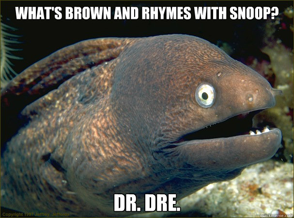 What's brown and rhymes with Snoop? Dr. Dre. 
 - What's brown and rhymes with Snoop? Dr. Dre. 
  Bad Joke Eel