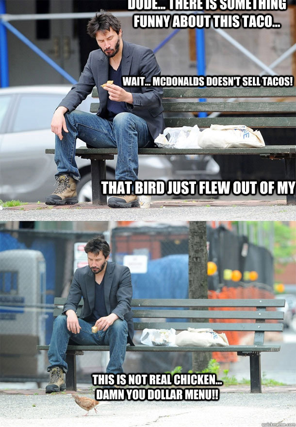 Dude... There is something funny about this taco... that bird just flew out of my taco! Wait... mcdonalds doesn't sell tacos! this is not real chicken... Damn you dollar menu!!  Sad Keanu