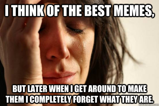 I think of the best memes, but later when I get around to make them I completely forget what they are.  First World Problems