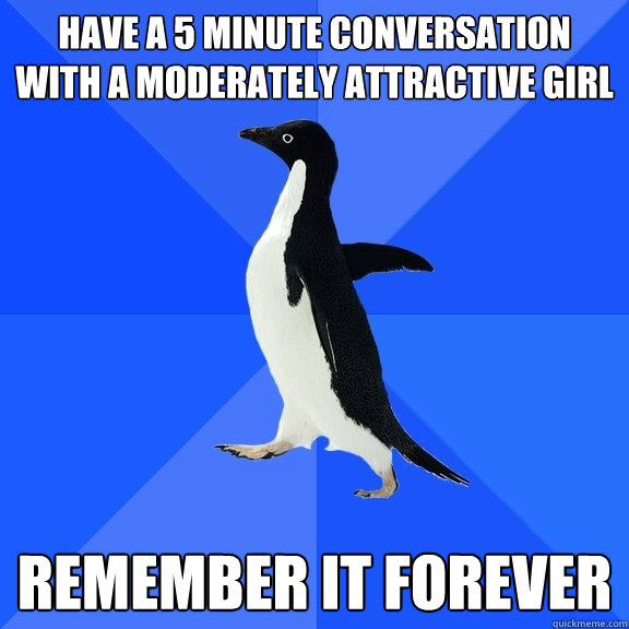 Have a 5 minute conversation with a moderately attractive girl Remember it forever  Socially Awkward Penguin