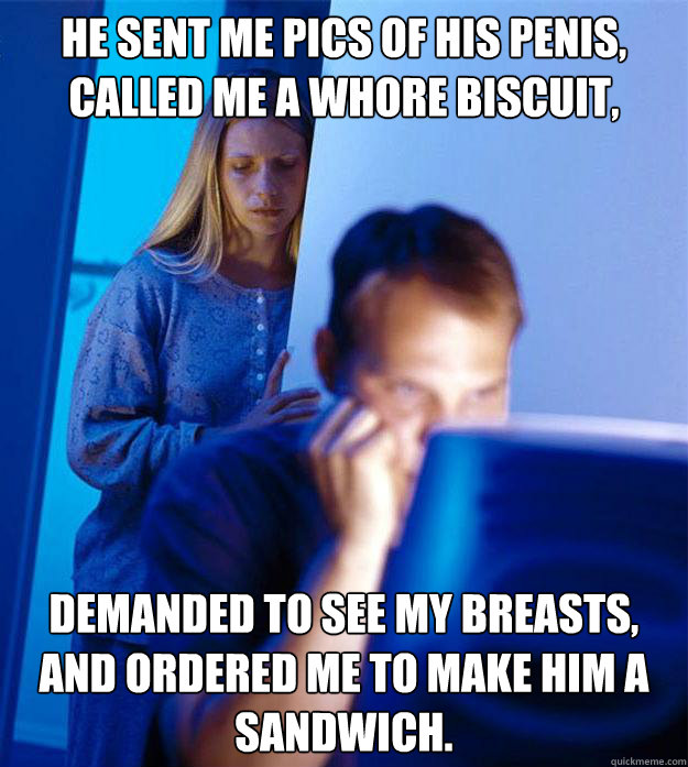 He sent me pics of his penis, called me a whore biscuit, Demanded to see my breasts, and ordered me to make him a sandwich.   Redditors Wife