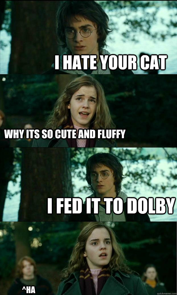 i hate your cat why its so cute and fluffy  i fed it to dolby ^HA  Horny Harry