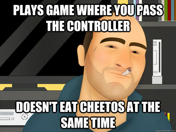 PLAys game where you pass the controller doesn't eat cheetos at the same time  Good Gamer Greg