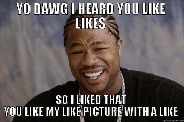 YO DAWG I HEARD YOU LIKE LIKES SO I LIKED THAT YOU LIKE MY LIKE PICTURE WITH A LIKE Xzibit meme