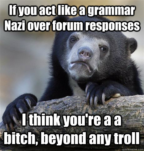 If you act like a grammar Nazi over forum responses I think you're a a bitch, beyond any troll  Confession Bear