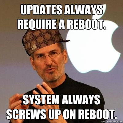 Updates always require a reboot. System always screws up on reboot.  Scumbag Steve Jobs