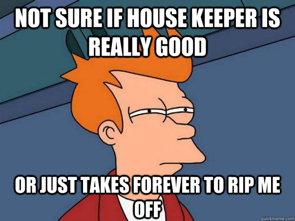 NOT SURE IF house keeper is really good OR just takes forever to rip me off  Futurama Fry