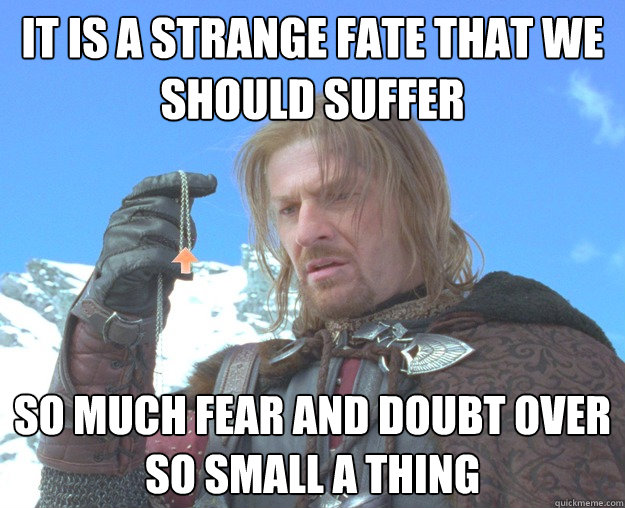 It is a strange fate that we should suffer  so much fear and doubt over 
so small a thing  Boromir