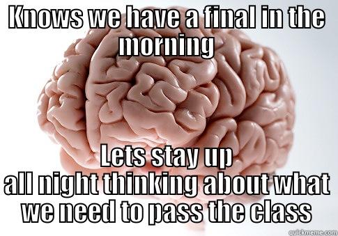 KNOWS WE HAVE A FINAL IN THE MORNING LETS STAY UP ALL NIGHT THINKING ABOUT WHAT WE NEED TO PASS THE CLASS Scumbag Brain