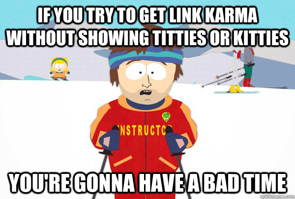 if you try to get link karma without showing titties or kitties You're gonna have a bad time  Super Cool Ski Instructor