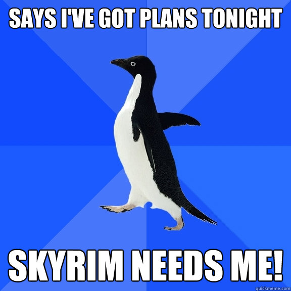 says i've got plans tonight skyrim needs me!  Socially Awkward Penguin