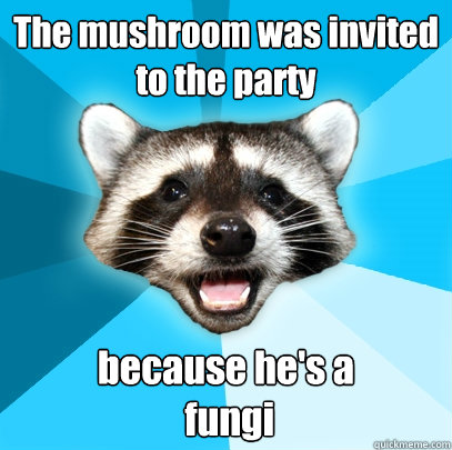 The mushroom was invited to the party because he's a
 fungi  Lame Pun Coon