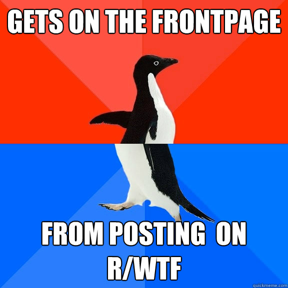Gets on the frontpage from posting  on r/wtf  Socially Awesome Awkward Penguin