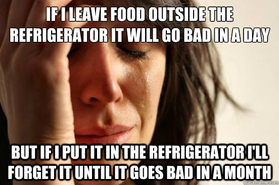If I leave food outside the refrigerator it will go bad in a day But if I put it in the refrigerator I'll forget it until it goes bad in a month  First World Problems