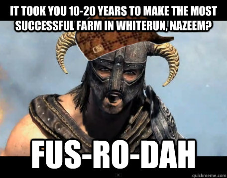 It took you 10-20 years to make the most successful farm in Whiterun, nazeem? FUS-RO-DAH - It took you 10-20 years to make the most successful farm in Whiterun, nazeem? FUS-RO-DAH  Scumbag Dovahkiin