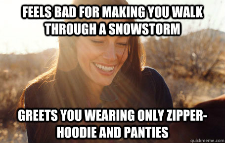 Feels bad for making you walk through a snowstorm Greets you wearing only zipper-hoodie and panties  Awesome Girlfriend Alice