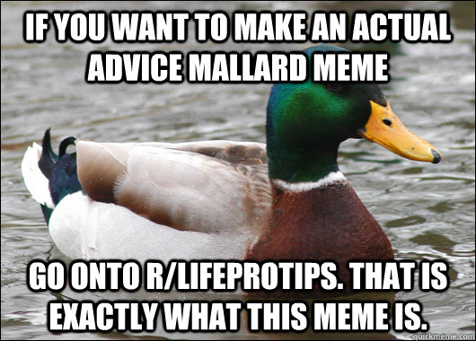 If you want to make an actual advice mallard meme Go onto r/LifeProTips. That is exactly what this meme is.  Actual Advice Mallard
