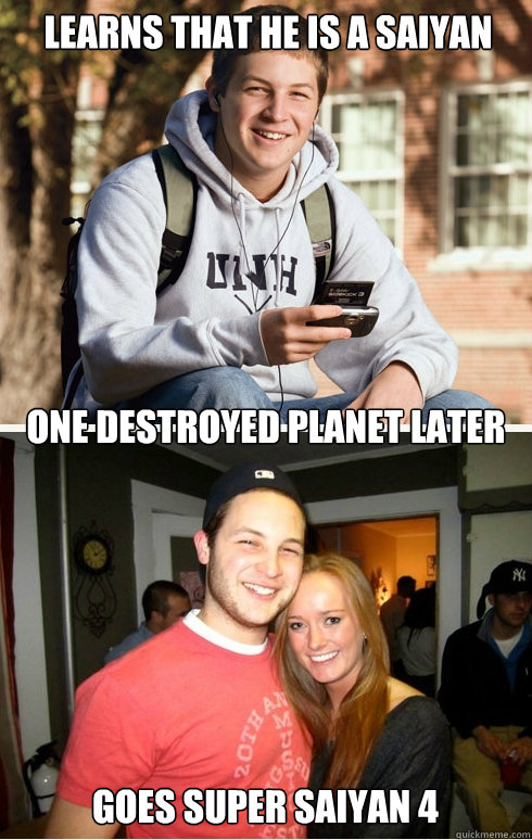 Learns that he is a saiyan one destroyed planet later goes super saiyan 4  1 month later