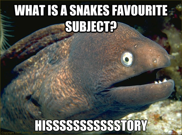 what is a snakes favourite subject? hissssssssssstory  Bad Joke Eel