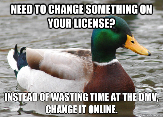 Need to change something on your license? Instead of wasting time at the dmv, 
change it online.  Actual Advice Mallard