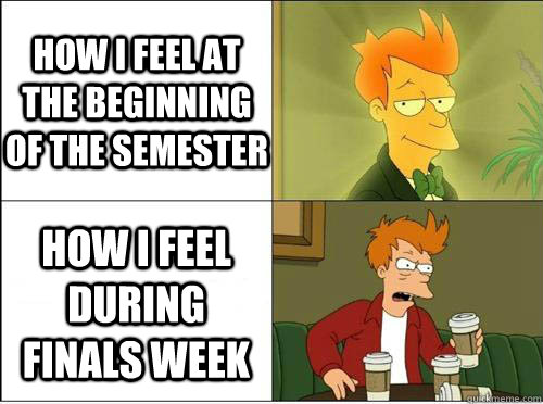 how i feel at the beginning of the semester how i feel during finals week  