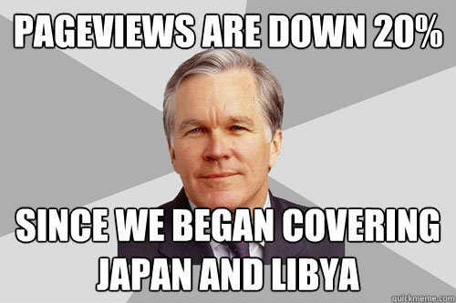 Pageviews are down 20% Since we began covering Japan and Libya  