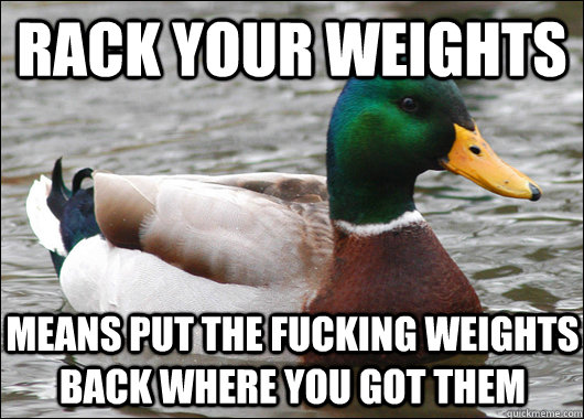 rack your weights means put the fucking weights back where you got them  Actual Advice Mallard