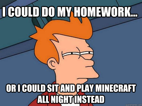 I could do my homework... Or I could sit and play minecraft all night instead  Futurama Fry