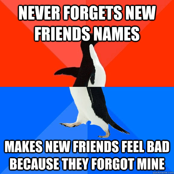 Never forgets new friends names makes new friends feel bad because they forgot mine   Socially Awesome Awkward Penguin