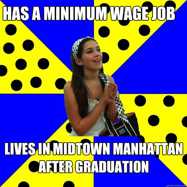 Has a minimum wage job  Lives in midtown manhattan after graduation  Sheltered Suburban Kid