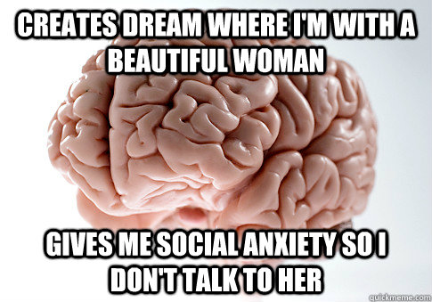 creates dream where i'm with a beautiful woman gives me social anxiety so i don't talk to her  Scumbag Brain