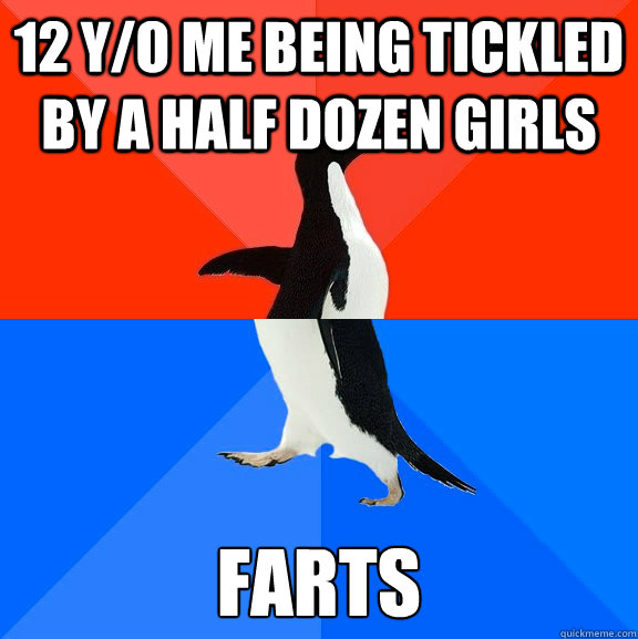 12 y/o me being tickled by a half dozen girls farts  