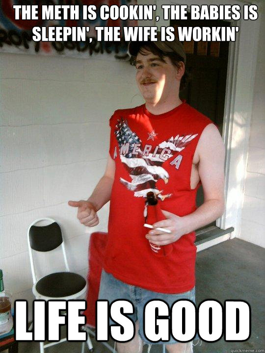 the meth is cookin', the babies is sleepin', the wife is workin' life is good  Redneck Randal
