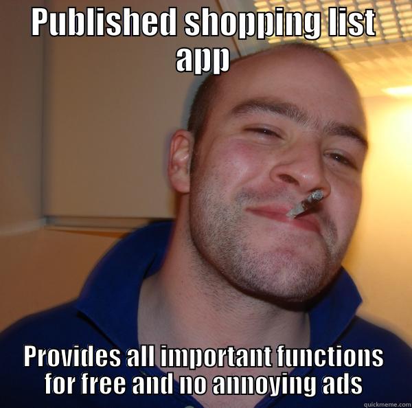 PUBLISHED SHOPPING LIST APP PROVIDES ALL IMPORTANT FUNCTIONS FOR FREE AND NO ANNOYING ADS Good Guy Greg 
