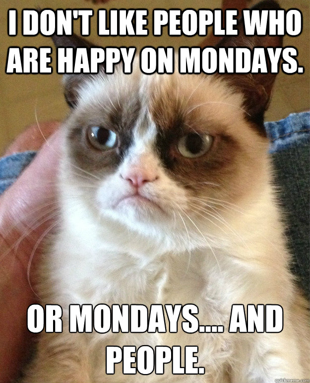 I don't like people who are happy on Mondays. Or Mondays.... and People. - I don't like people who are happy on Mondays. Or Mondays.... and People.  Grumpy Cat