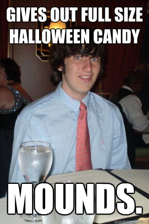 Gives out full size halloween candy Mounds.  